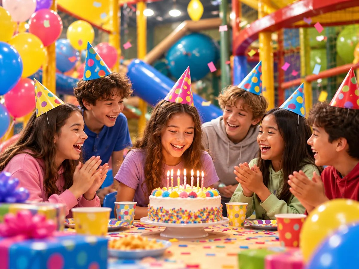 Children celebrating a birthday around a cake in an illustrative scene