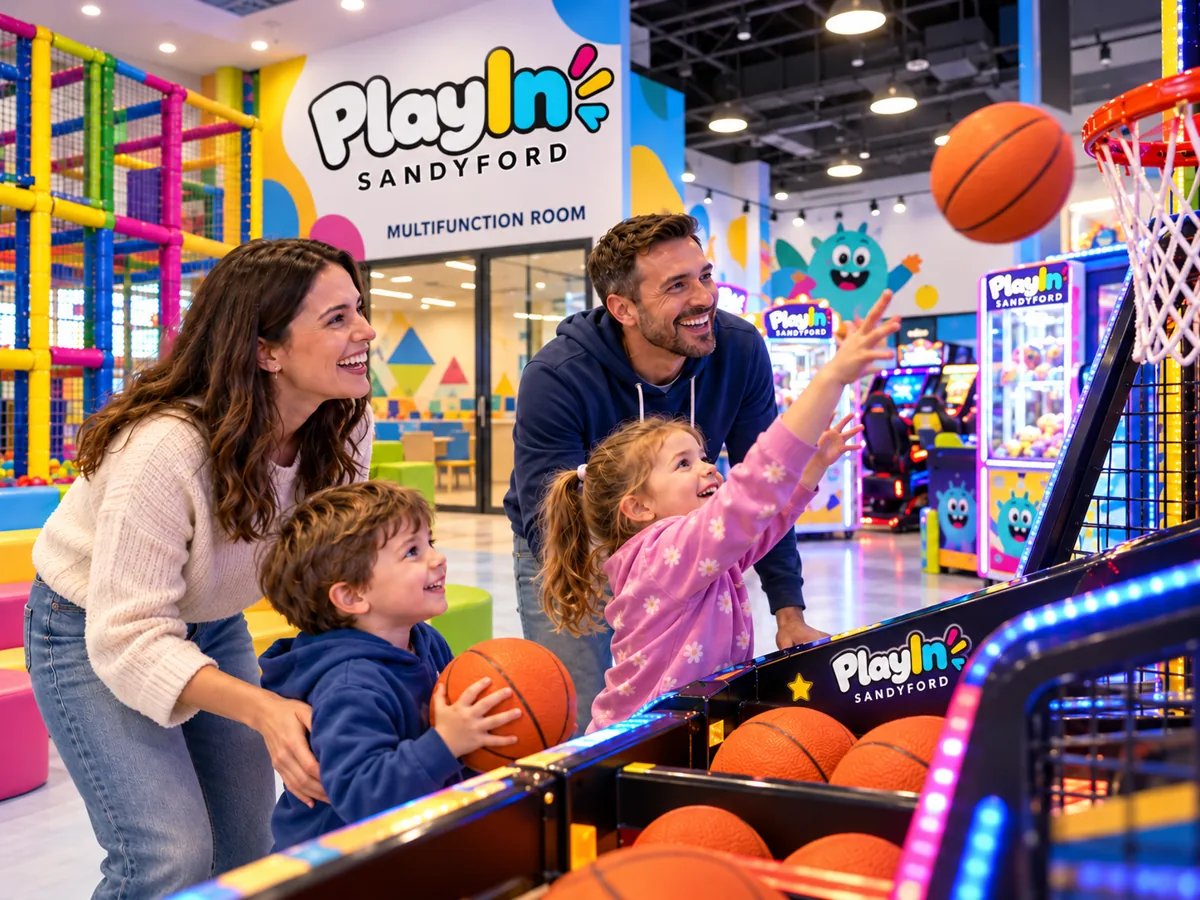 Family playing an arcade basketball game in an illustrative scene