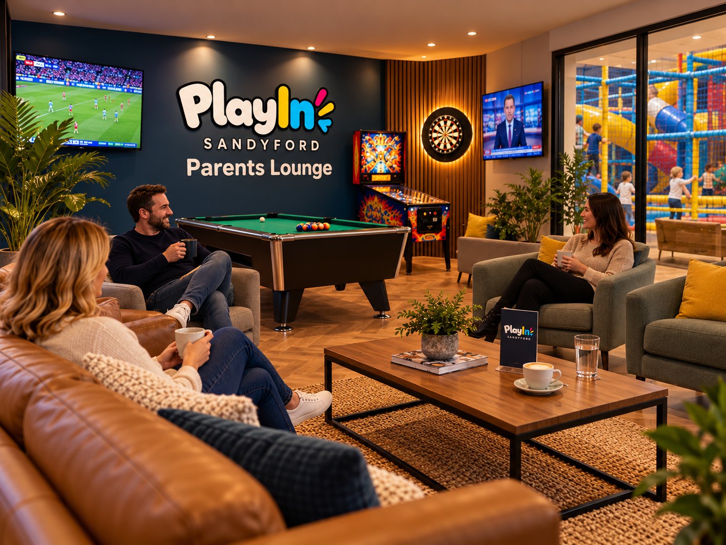 Illustration of parents relaxing near a pool table and pinball machine