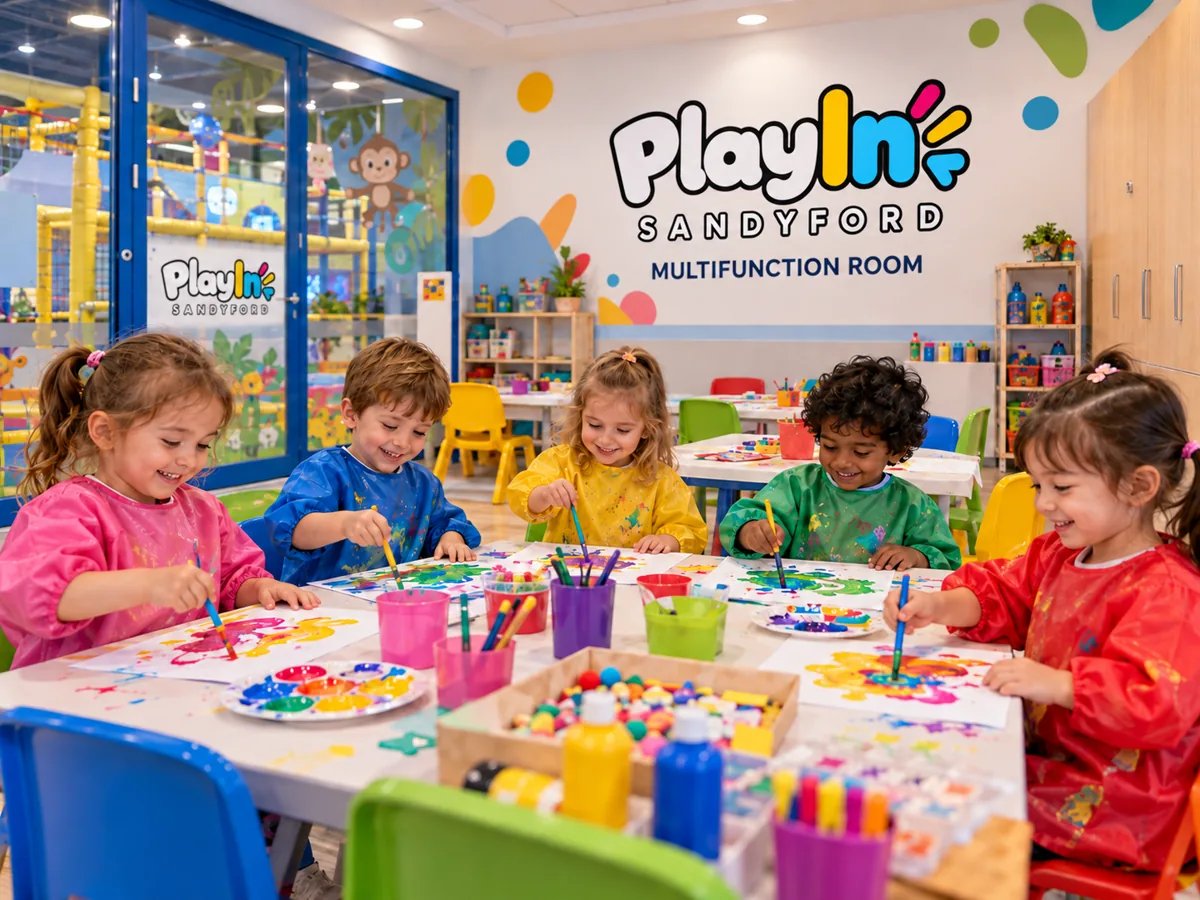 Children painting together in an illustrative scene